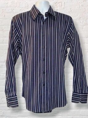 7 Diamonds Men’s Long Sleeve Button-Up Shirt Navy & Light Blue Stripe 100%Cotton